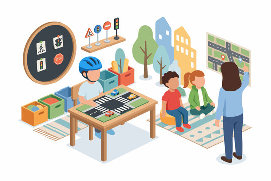 Isometric Classroom Road Safety Education for Children