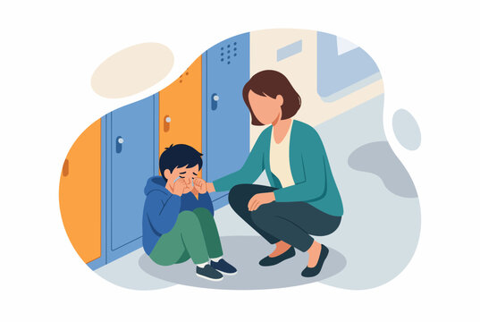 Teacher Comforting Crying Student in School Hallway