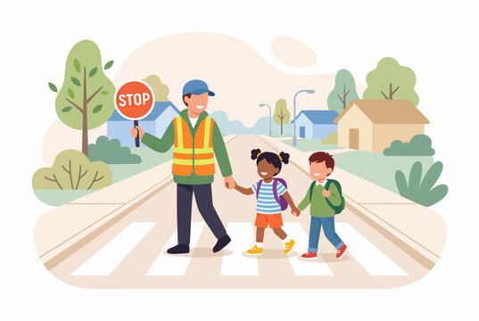Crossing Guard Helping Students Cross Street Safely