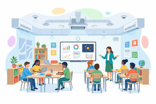 Modern Classroom with Diverse Students and Interactive Smartboard