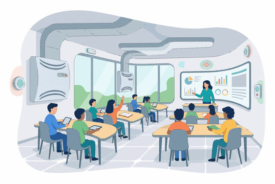 Modern Classroom Scene with Teacher Giving Lesson to Diverse Students