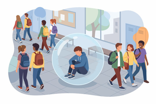 Student Feeling Isolated in Bubble in Busy School Hallway