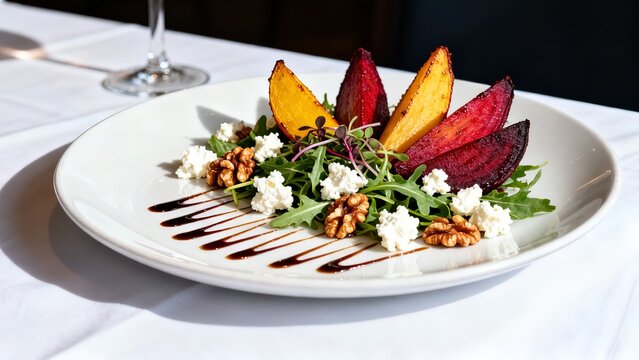 3.Roasted beet salad with goat cheese, candied walnuts and balsamic on white plate