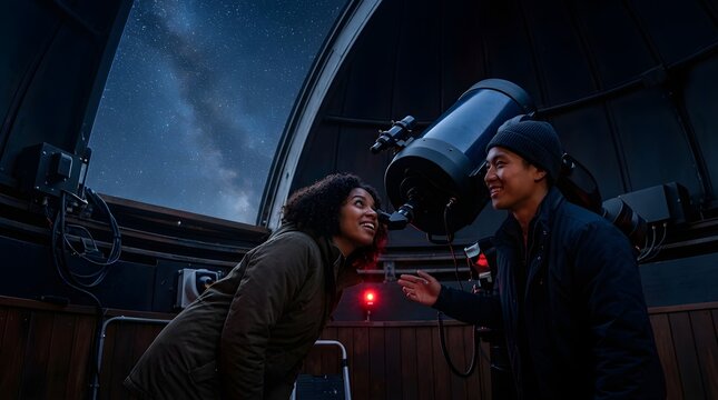 Diverse Couple Using Large Telescope Inside Observatory At Night