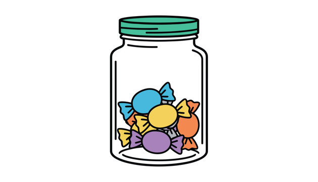 Transparent glass jar with a green screw lid holds several colorful wrapped candies on a plain white background.