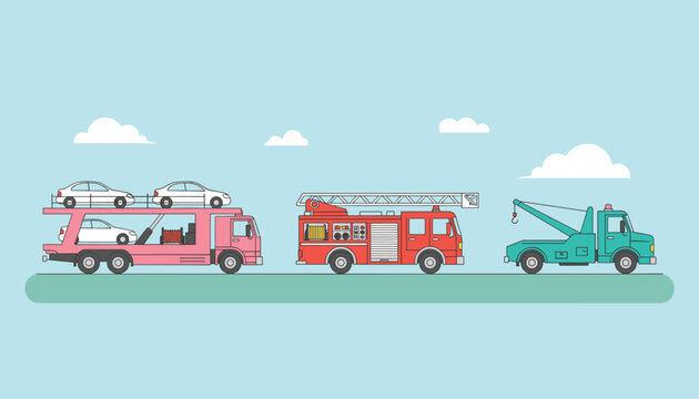 Side view illustration of municipal utility vehicles including a car carrier truck, a red fire engine, and a green tow truck on the road.