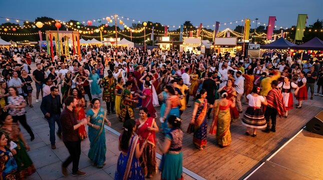 Diverse crowd of people dancing at a multicultural outdoor evening festival