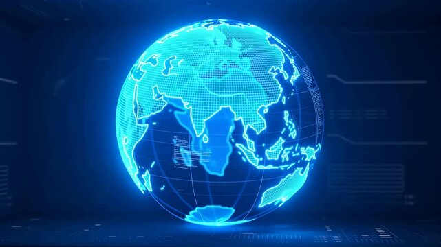 Luminous digital Earth rotates steadily against dark blue technology interface, showing bright continental outlines, fine map grids, data panels, and layered cyan light