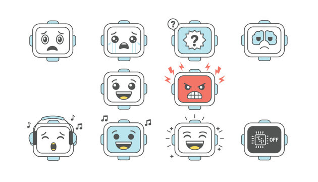Set of ten square robot head emoji icons showing diverse expressions such as happy, angry, sad, crying, and confused.
