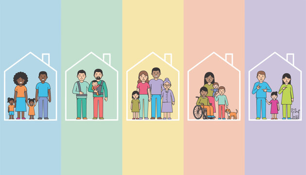 Creative illustration showcasing five diverse family structures living happily in their respective house silhouettes.