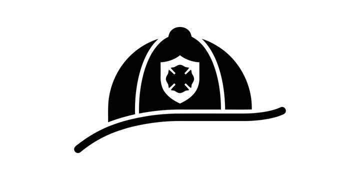 Black firefighter hat icon with shield for fire safety and protection.