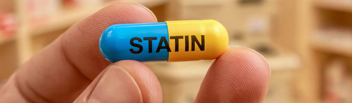 Statins Pill Held in Hand: A close-up shot shows a hand holding a blue and yellow statin pill, highlighting a common medication used to lower cholesterol levels.
