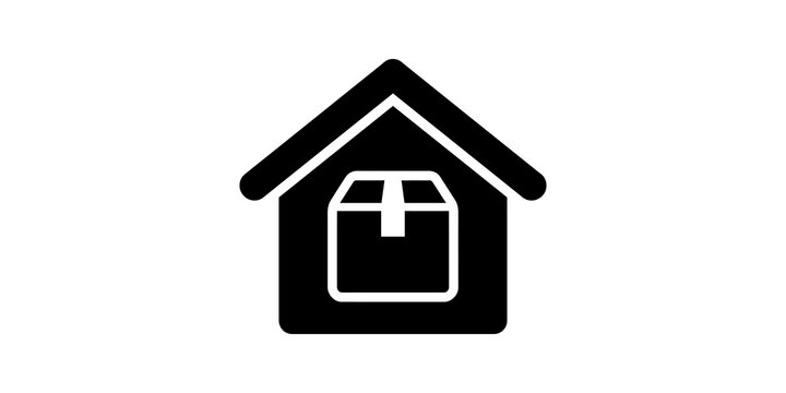 Home delivery house icon with black packaging box symbol inside for shipping.