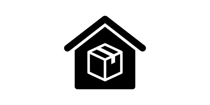 Home delivery box icon with three-dimensional look inside house outline symbol.