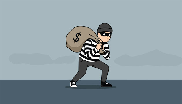 Thief in black and white striped shirt and mask sneaking away with a large sack of money on a dark grey background.