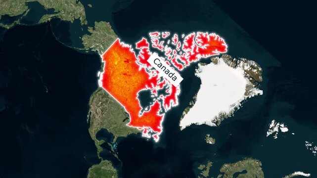 Animated map of Canada with glowing borders and country label footage
