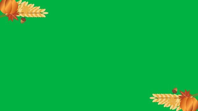 Pumpkins maple leaves and wheat decorate opposite corners around open copy space. 4K UHD animation on solid chroma green with a 12 second loop at 30 fps. No audio.