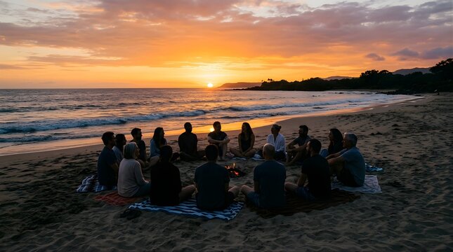 Diverse group of people sitting around a small campfire on a sandy beach during sunset