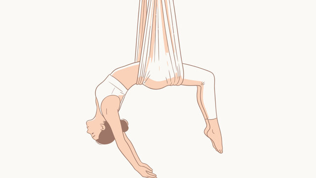 Aerial Yoga Pose: Graceful Backbend in Soft Fabric Hammock with Neutral Tones
