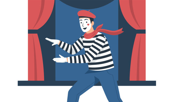 Classic French mime artist performing a silent theatrical drama show on stage with elegant red curtains.