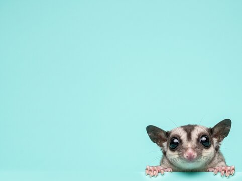 Adorable sugar glider peeking out on turquoise background
