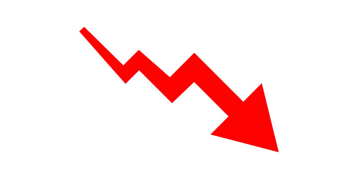 Red downward zigzag arrow moving diagonally on transparent background.