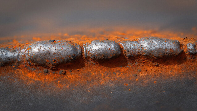 Macro close-up of rough metal welding bead with rust and slag
