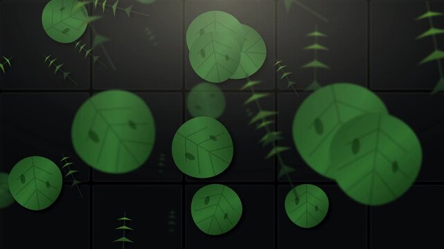 Abstract motion graphic animation of stylized green circular leaves and spiky foliage floating over a dark gray tiled grid background, ideal for environmental and eco-friendly video concepts.