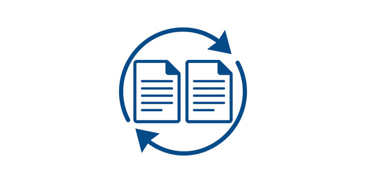Blue document file synchronization icon on transparent background.