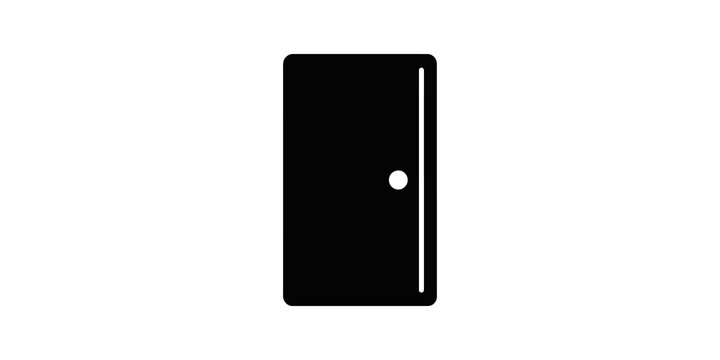 Black closed door icon with handle on transparent background.