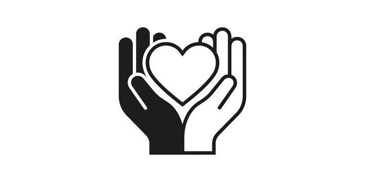 Black outline hands holding a heart on transparent background.