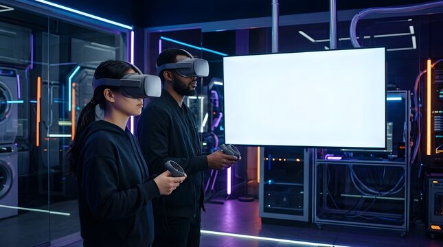Diverse man and woman using virtual reality headsets in modern lab