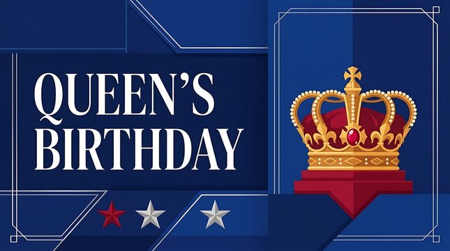 Queen's Birthday celebratory banner, royal gold crown on navy blue background, elegant monarch anniversary greeting with stars and geometric lines