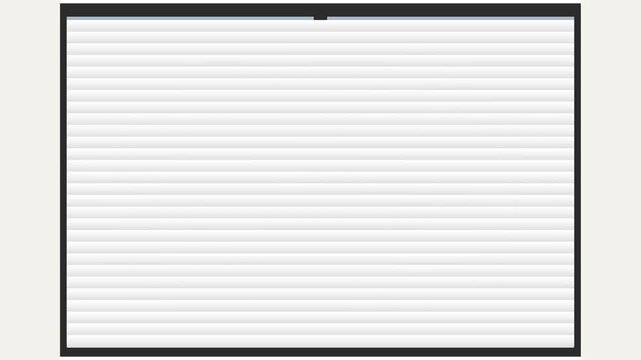 Minimalist flat vector animation showing white horizontal window blinds or venetian shutters revealing a subtle silhouette of a city skyline and buildings, suitable for modern office or home concepts.