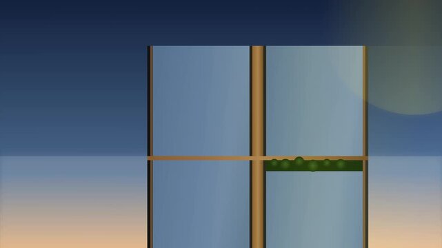 Minimalist 2D vector animation of a stylized modern skyscraper facade against a vibrant gradient twilight sky featuring a subtle rising moon and a small terrace garden on a glass window floor.