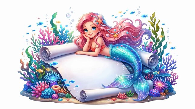 Cute mermaid with long hair lying on underwater scroll surrounded by coral