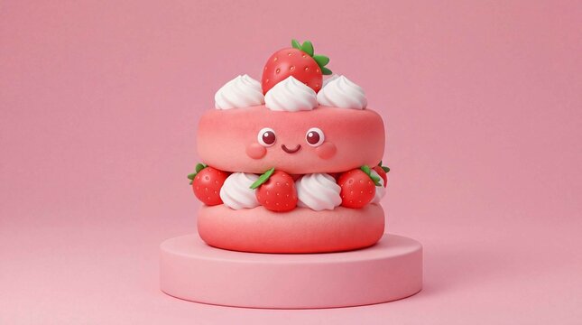 Cute pink strawberry dessert with cream and smiling face on round stand