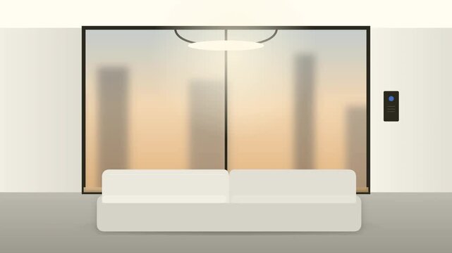 Minimalist modern interior living room animation featuring a white sofa and large window with a blurred city skyline view at sunset, rendered in a clean flat design motion graphics style.