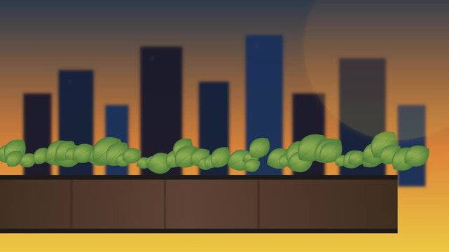 A seamless 2D flat design vector illustration of an urban city skyline at sunset or sunrise, featuring dark building silhouettes and green bushes on a ledge against a warm orange gradient background.