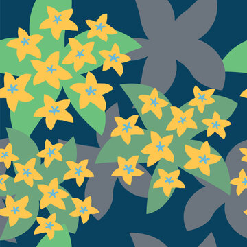 Vibrant vector seamless pattern featuring clusters of yellow wild Indian jasmine flowers and rich green leaves set against a deep navy blue background.