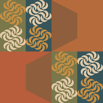 Modern mid-century vector seamless pattern featuring geometric patchwork blocks with swirling pinwheel motifs in cozy earthy tones of terracotta, sage olive, smoky teal, mustard gold, and cream.