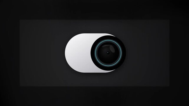 3D motion graphics animation of a stylized camera lens toggle switch sliding to enable or disable privacy, representing digital security, webcam protection, and cyber surveillance control.