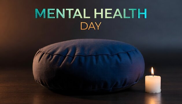 Dark navy meditation cushion with a lit candle for mental health awareness