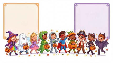 Fototapeta premium Happy children dressed in colorful Halloween costumes holding pumpkin baskets