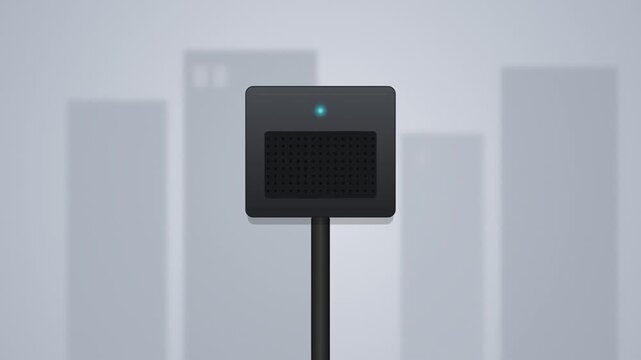 Motion sensor device with glowing indicator light and speaker grill on a pole in a minimalist smart city environment with abstract skyscraper silhouettes, flat style vector animation.
