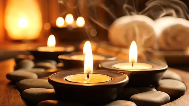 Aromatic candles burning in a tranquil calm spa interior with stones and towels present for relaxation