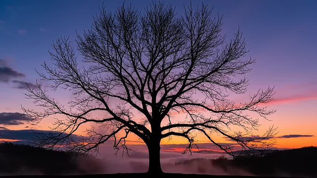 Bare tree silhouette with parallax sway and smoke at sunset in an open field creates a striking visual experience