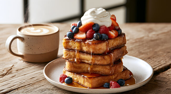 A stack of delectable French toast, piled high with fresh berries, whipped cream, and syrup, accompanied by a hot cup of coffee, makes for a truly delightful morning meal.
