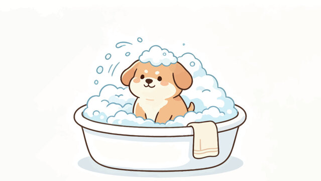 Cute Cartoon Puppy Enjoying a Soapy Bubble Bath with Playful Bubbles and a Cozy Towel in a White Tub