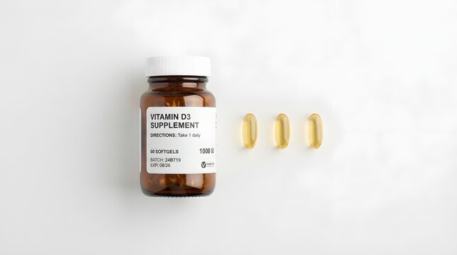 Vitamin D3 Supplement Bottle and Softgels on White Background